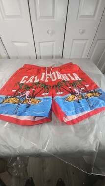 ROMWE Men’s Street Life California Flamingo & Palm Tree Graphic Print Swim Short